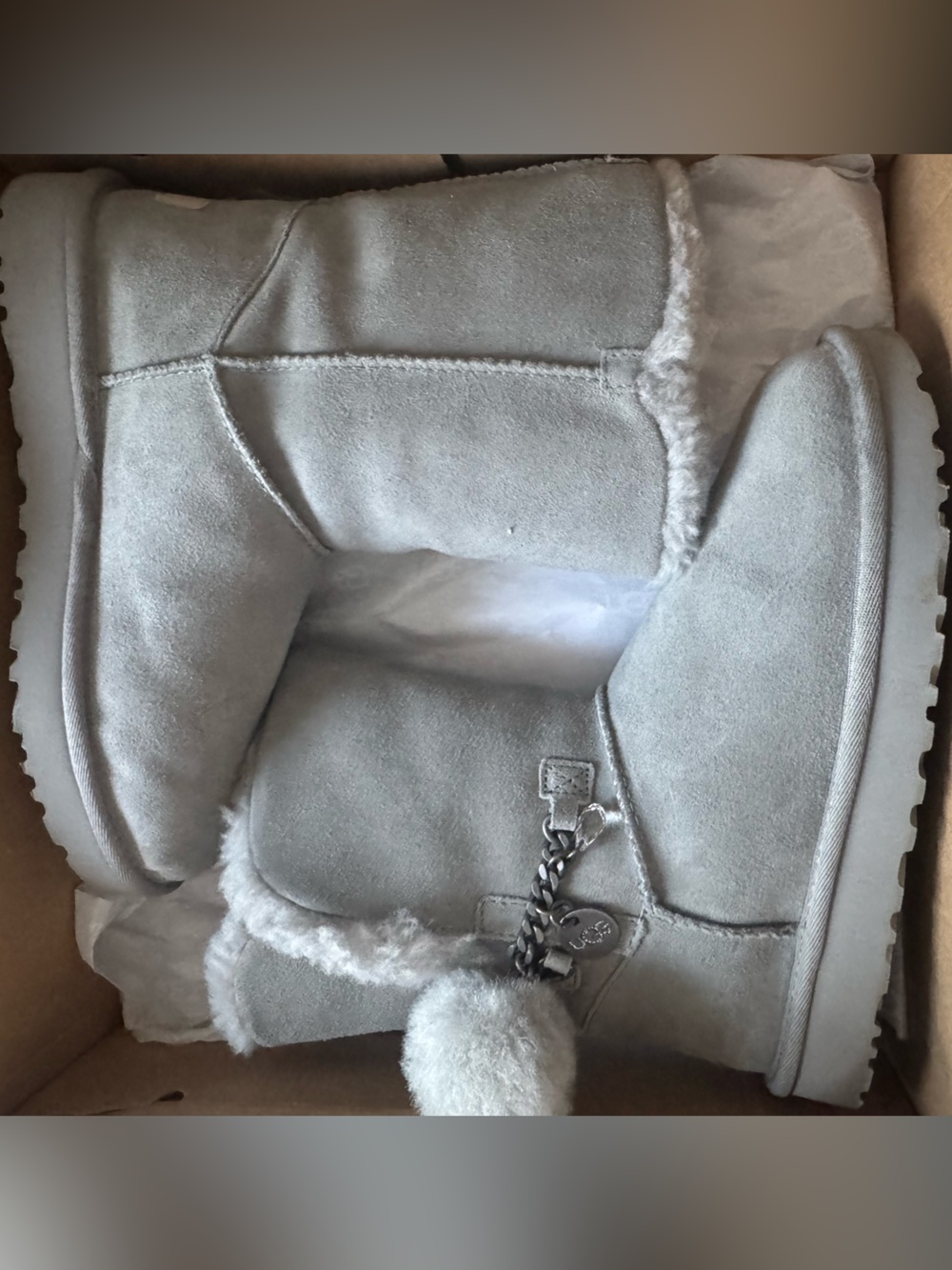 UGG Gray Suede Pom-Pom Shearling Boots